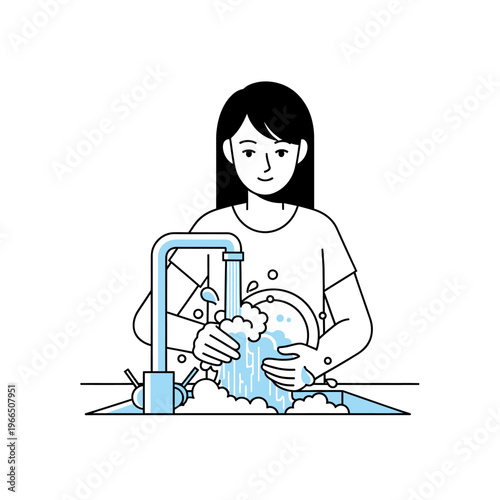 Woman washing dishes in sink with running water and soap bubbles, illustration