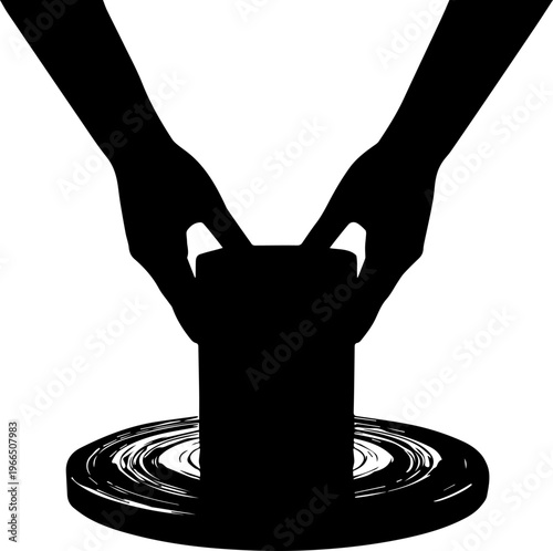Silhouette Vector Illustration of Potter Hands Shaping Clay on a Spinning Pottery Wheel