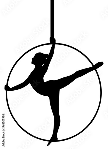 Black Silhouette of Female Aerialist Performing on Aerial Hoop Lyra Vector Illustration