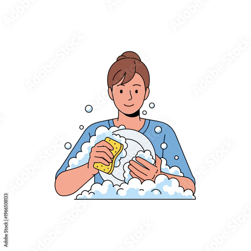 Woman washing dishes with sponge and soap bubbles, domestic chore, illustration