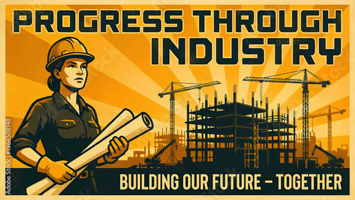 A determined vintage-style female construction worker, wearing a protective hard hat and practical work shirt, confidently grasps rolled architectural blueprints. This powerful image embodies