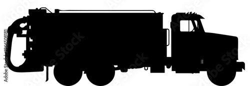 Black silhouette of an industrial vacuum truck or septic truck isolated on a white background