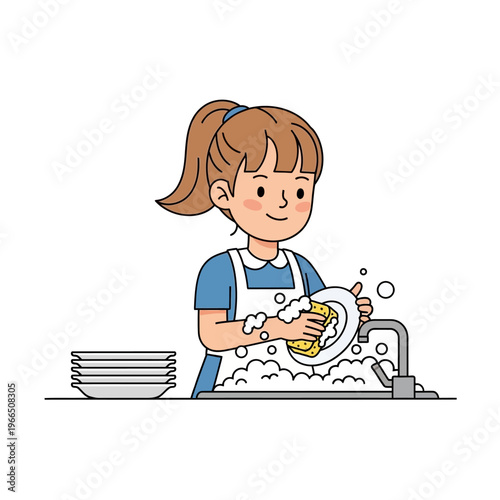 Young girl washing dishes at kitchen sink, domestic chores, clean plates, bubbles
