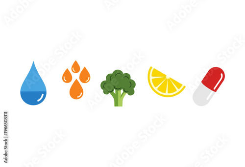 Healthy lifestyle elements including water drops, vitamins, broccoli, lemon slice, and a capsule representing health and well-being