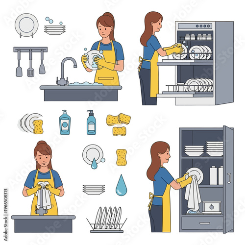 Woman washing dishes, loading dishwasher, and putting away clean plates and bowls