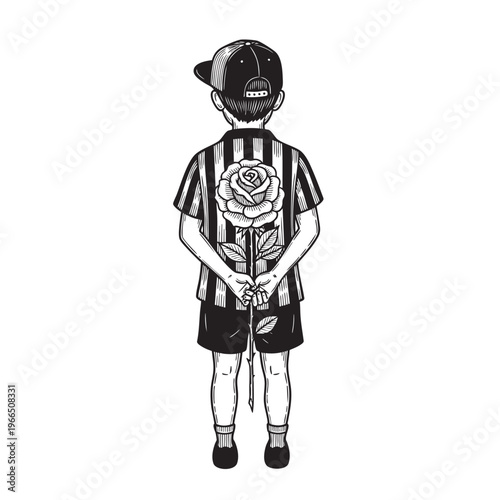 Detailed Vintage Engraving Style Illustration of a Little Boy Holding a Rose Behind His Back as a Secret Gift for Mother Day or a First Crush Vector Graphic Design Element for Post