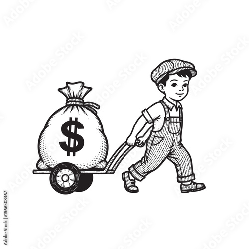 Vintage Engraving Illustration of a Small Boy Pulling a Heavy Sacks of Money with a Dollar Sign on a Cart Representing Wealth and Savings Vector Graphic Design Element for Printing