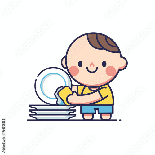 Cute cartoon child washing dishes, helping with chores, domestic task illustration