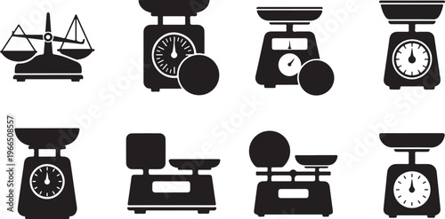 A collection of black minimalist icons representing various types of weighing scales, including traditional balance scales, kitchen dial scales, and digital measurement tools.