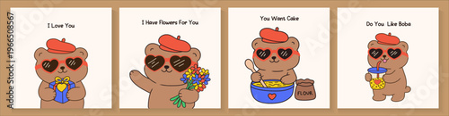 set of Kawaii Valentine Teddy Bear Love in retro colors. seamless pattern with teddy bears and hearts for banners, cards, flyers, social media