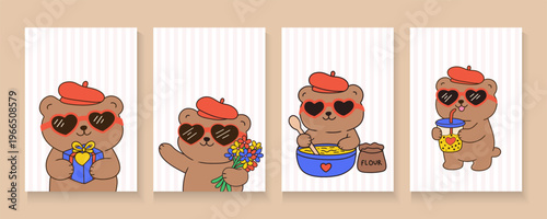 set of Kawaii Valentine Teddy Bear Love in retro colors. seamless pattern with teddy bears and hearts for banners, cards, flyers, social media