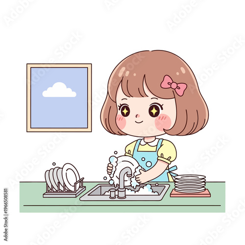 Cute Cartoon Girl Washing Dishes in Kitchen Sink, Daily Chores, Happy Child