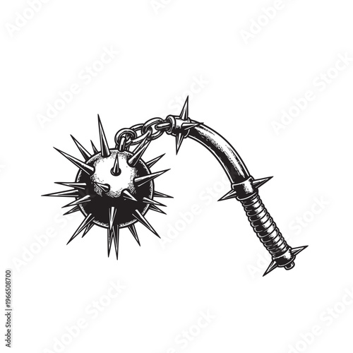 Medieval spiked flail weapon vector illustration with heavy chain and morning star ball mace for historical knight combat theme isolated on white background for vintage design use.