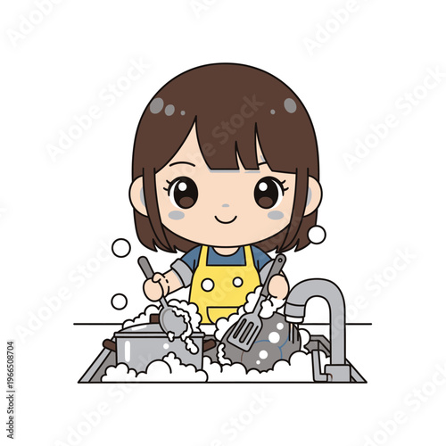 Cute Chibi Girl Washing Dishes in Sink, Bubbles and Utensils, Yellow Apron