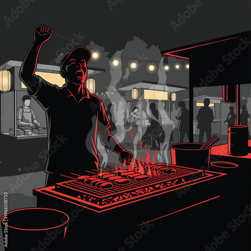 Pixel art illustration of a street food vendor grilling skewers at a bustling asian night market, lit by warm lanterns and emitting steam, retro digital art style, food stall, dark background
