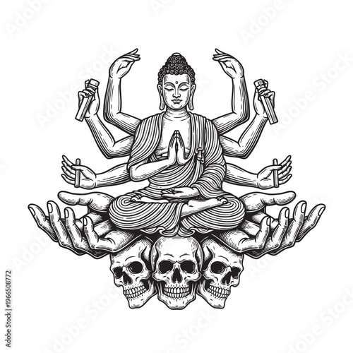 Spiritual deity illustration featuring multi armed figure in meditation pose sitting on skulls for tattoo art or religious concept design projects isolated on white background styl