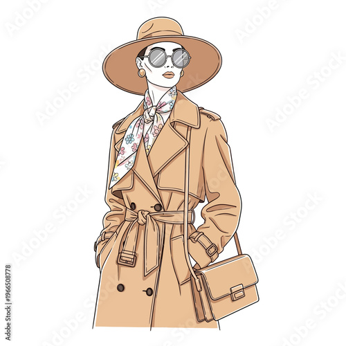 Elegant Woman in Beige Trench Coat, Hat, and Sunglasses, Fashion Illustration