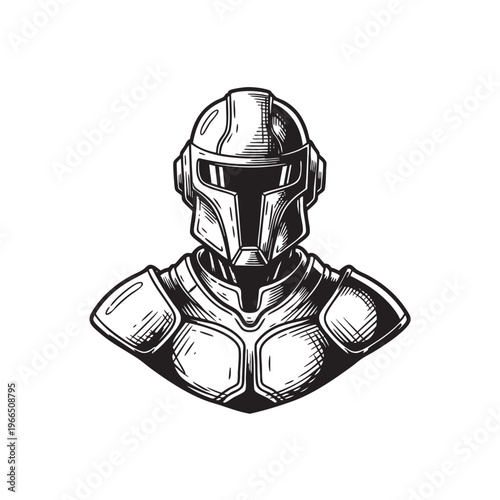 Futuristic sci-fi knight armor bust illustration depicting a high tech cybernetic soldier for gaming character design and concept art projects isolated on white background graphic!