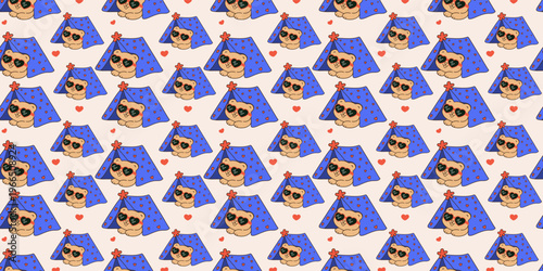 set of Kawaii Valentine Teddy Bear Love in retro colors. seamless pattern with teddy bears and hearts for banners, cards, flyers, social media