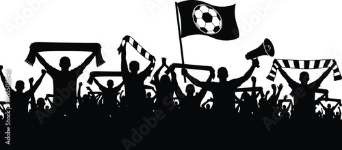 Passionate soccer fans silhouette cheering with flags and scarves at stadium event illustration with vector graphic with graphic resource with design element with raising hands with sports event