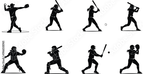 Collection of dynamic baseball and softball player silhouettes in various action poses with sports event with youth sport