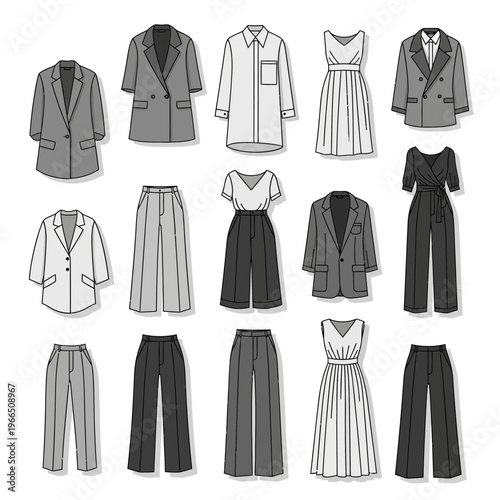 Fashion Flat Lay: Women's Business Attire Collection, Jackets, Trousers, Dresses, Jumpsuits