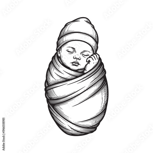 Cute hand drawn illustration of a newborn baby peacefully sleeping in a swaddle blanket for nursery decor and maternity branding design projects isolated on white background theme.