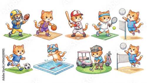  Set of funny cartoon cute Cat animals in playful sports vector style featuring smiling characters for kids toy illustration collection