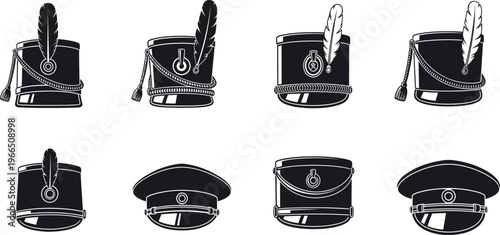 Collection of vintage military and officer hat silhouettes with decorative emblems and feathers with military hats with armed forces with headwear silhouette