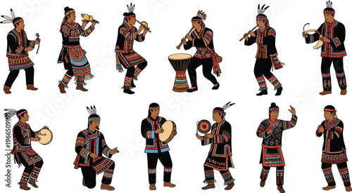 Diverse indigenous people performing traditional cultural dances and music with instruments in festive attire on white background with traditional dance with musical instruments with cultural festival