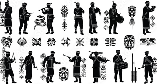 Black and white silhouette vector set of traditional indigenous people and ethnic cultural symbols and patterns with native american with traditional clothing with tribal art with design elements