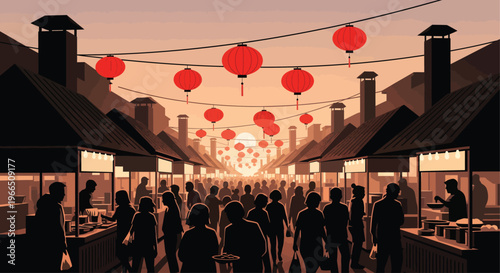 Asian street market at sunset with red lanterns and crowds, featuring traditional stalls and warm atmospheric light, people silhouettes, urban street, food stalls, urban life, asian culture