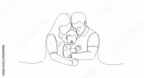 Loving family with parents and baby snuggled together in a warm embrace on white background