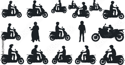 Dynamic scooter and motorcycle rider silhouettes collection: various poses of people riding and standing with motorbikes with icon set with white background with cut out with urban transport