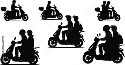 Scooter and motorcycle rider silhouettes with passengers: dynamic icons of urban transport and delivery service with delivery box with icon set with white background with cut out with city travel