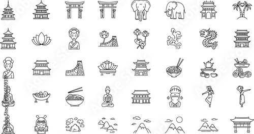 Set of abstract asian cultural icons and traditional symbols, pixelated black and white graphic illustrations for oriental themes, east asia, world culture