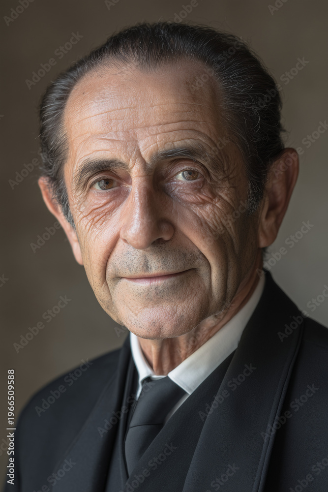 Fototapeta premium Professional Mature Italian Butler in Black Suit with Discreet and Reserved Expression 