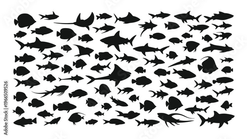 A large collection of various black fish and marine life forms are depicted in a striking silhouette high quality professional detailed