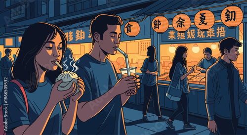 Pixel art night market scene with people enjoying street food and glowing lanterns, traditional asian urban celebration at dusk with crowds