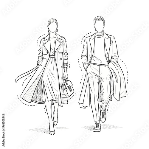 Fashionable Couple Walking Runway - Stylish Man and Woman Sketch
