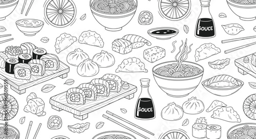 Seamless pattern of hand-drawn asian food elements in black and white line art design, featuring sushi, bowls, and sake bottles on a textured background, sake bottle, rice bowl, bento box, food items