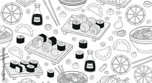 Detailed seamless pattern of japanese and asian cuisine delights, hand-drawn in black and white line art with sushi, bowls, and chopsticks, asian food, rice bowl, sake bottle, food items, asian kitche