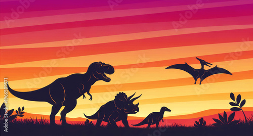 A captivating prehistoric landscape rendered with detailed silhouettes of powerful dinosaurs, showcasing a fearsome Tyrannosaurus Rex, a sturdy Triceratops, a smaller bipedal dinosaur, and a majestic