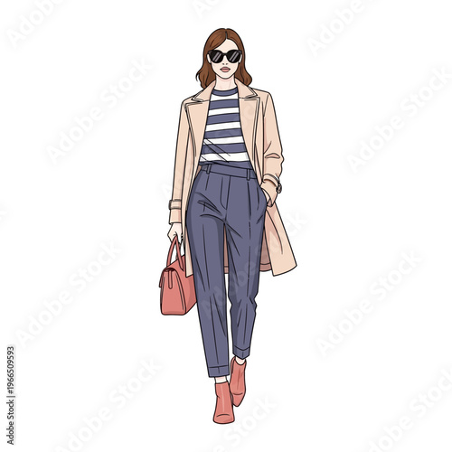 Fashionable Woman in Trench Coat, Striped Shirt, and Trousers