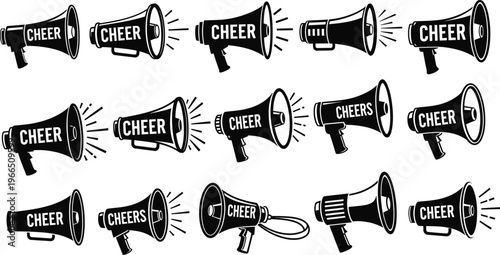 Megaphone icons set, black and white graphics for cheerleading, sports, and announcements