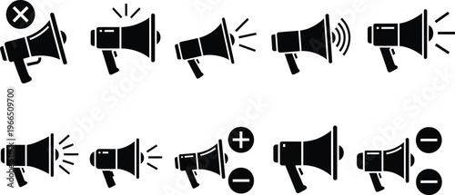 Set of megaphone icons with different sound wave and action symbols, isolated on white background