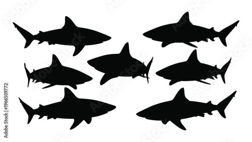 A collection of black shark silhouettes swim across a white background showcasing various species and forms silhouette high quality professional detailed