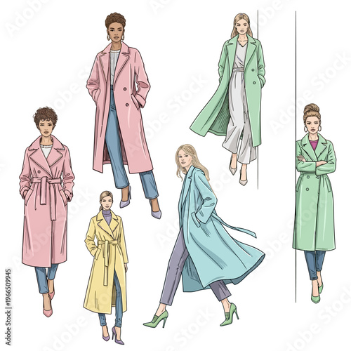 Fashionable Women in Stylish Trench Coats: Spring Collection Illustration