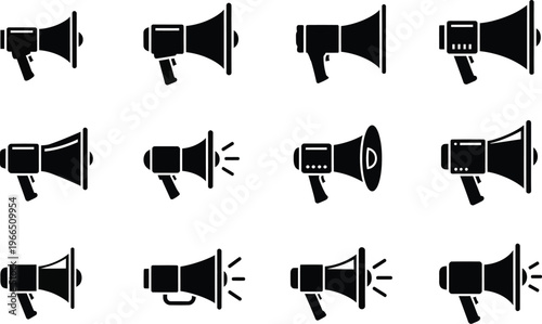 Set of various megaphone icons with sound waves with white background