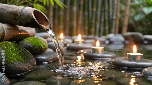 Bamboo spouts pour water over mossy stones as candle flames flicker in a tranquil garden spa